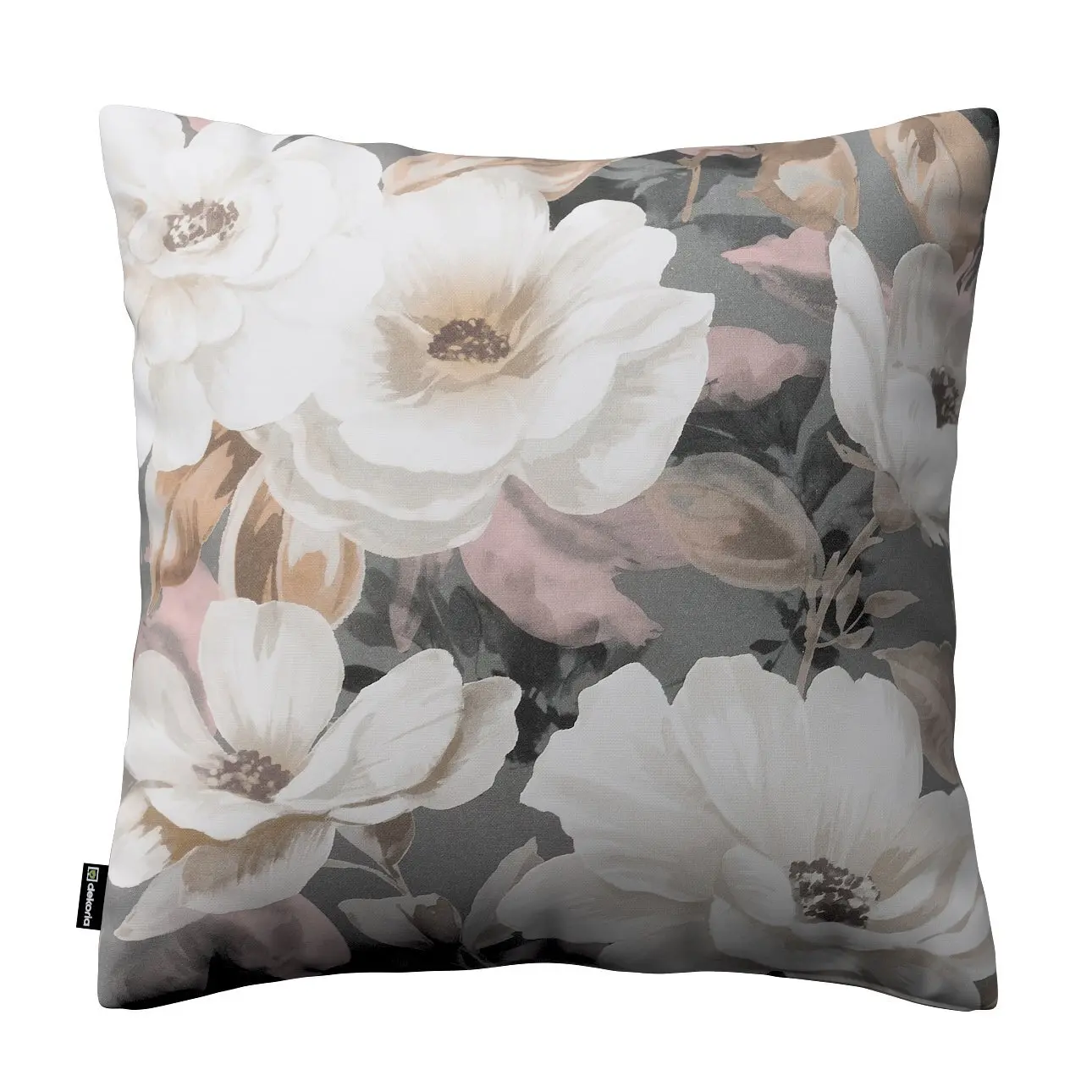 Dekoria Kinga - potah na polštář jednoduchý, krémové a růžové květy na šedém podkladu, 50 x 50 cm, Gardenia, 142-13