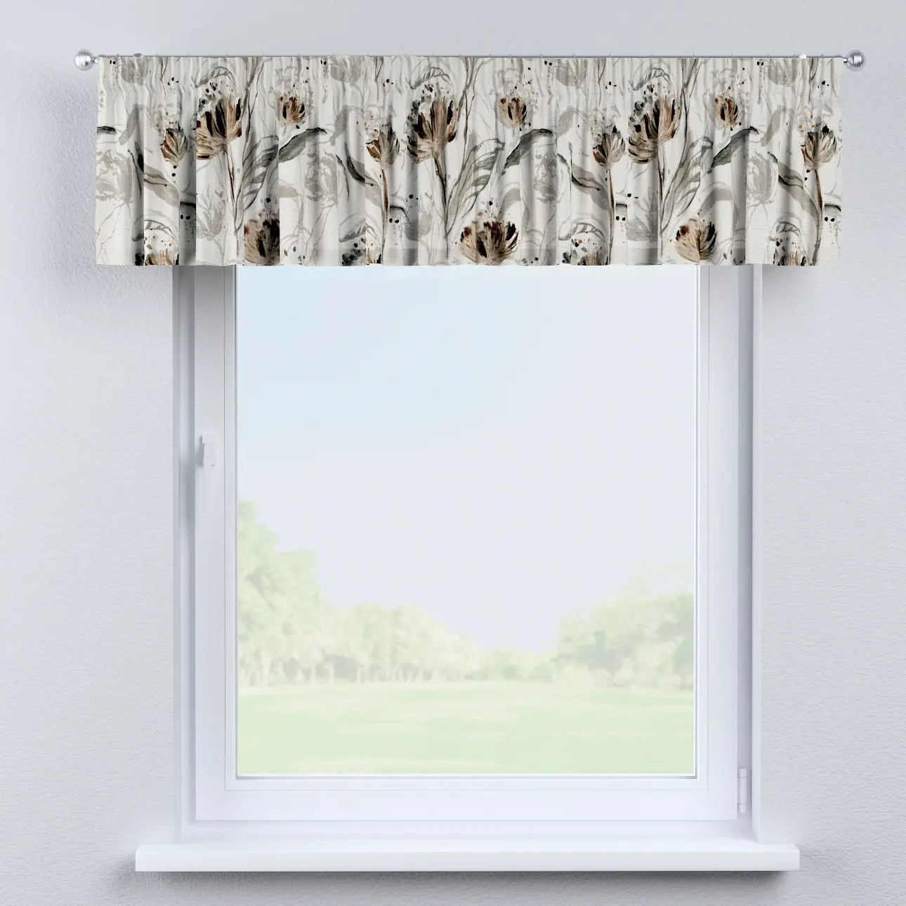 Dekoria Krátký závěs na řasící pásce, květy na světle šedém podkladu, 130 x 40 cm, Botanic Viscose, 145-22