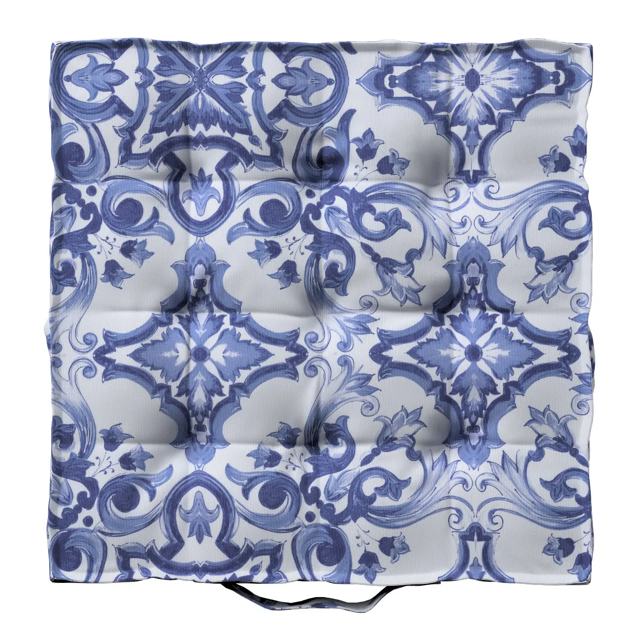 Dekoria Sedák Kuba s úchytem 40x40x6cm nebo 50x50x10cm, modré vzory na bílém pozadí, 50 x 50 x 10 cm, Aria, 145-17