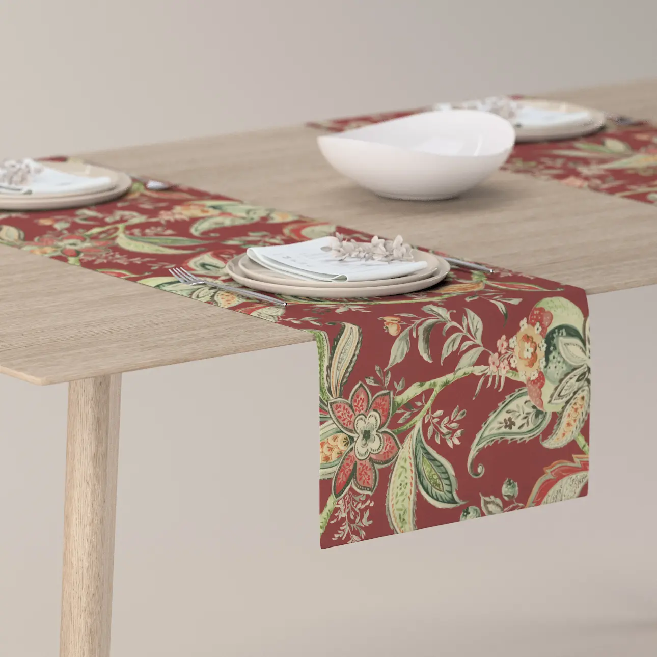 Dekoria Stolní běhoun, rostlinné a květové vzory na cihlově červeném podkladu, 40 x 130 cm, Gardenia, 142-12