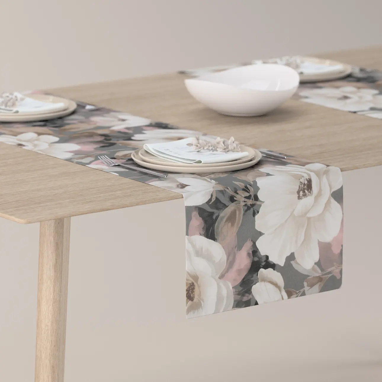 Dekoria Stolní běhoun, krémové a růžové květy na šedém podkladu, 40 x 130 cm, Gardenia, 142-13
