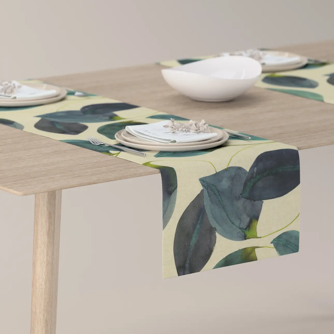Dekoria Stolní běhoun, smaragdově-zelené-fialové listy na lněném podkladu, 40 x 130 cm, Gardenia, 143-15
