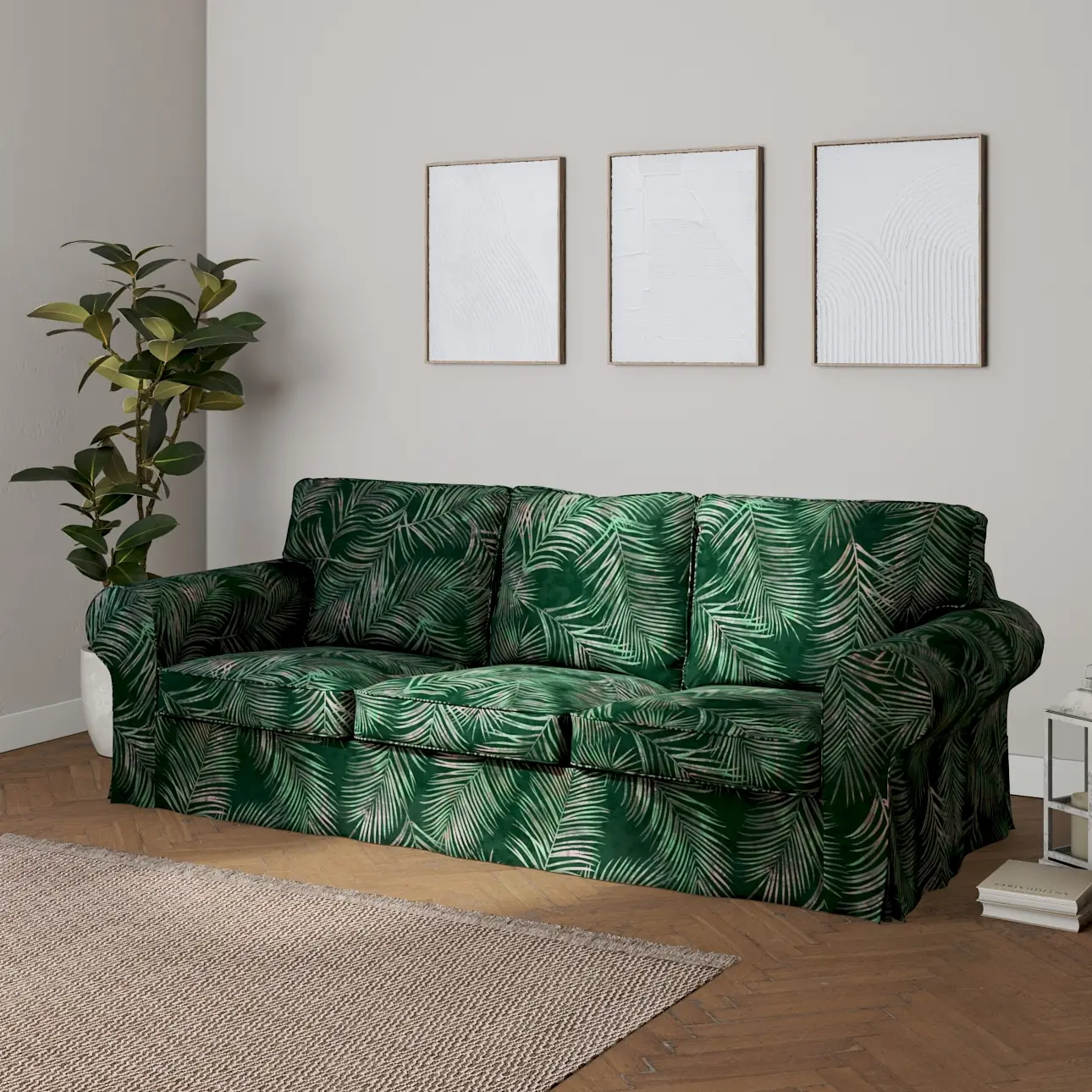 Dekoria Potah na pohovku IKEA  Ektorp 3-místná, nerozkládací, stylizované palmové listy na zeleném podkladu, pohovka Ektorp 3-místná, nerozkládací, Velvet, 704-21