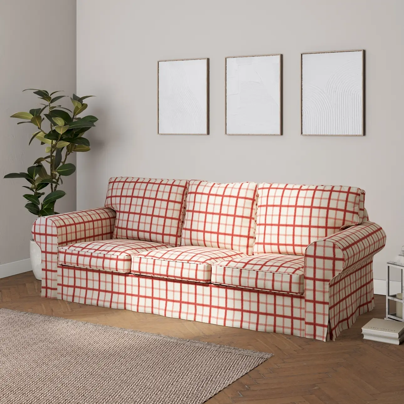Dekoria Potah na pohovku IKEA  Ektorp 3-místná, rozkládací STARÝ MODEL PIXBO, režný podklad,červená mřížka, pohovka Ektorp 3-místná rozkládací, Avinon, 131-15