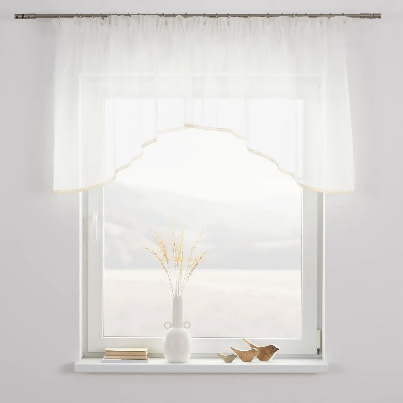Dekoria Krátká záclonka Lily z voálu a s krajkou, ecru, 350 x 80 cm, Voile - Voál, 900-01