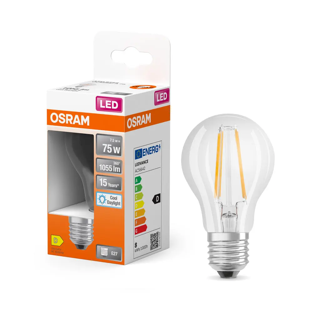 Průhledná LED žárovka E27 6,5 W CLASSIC A, studená denní bílá