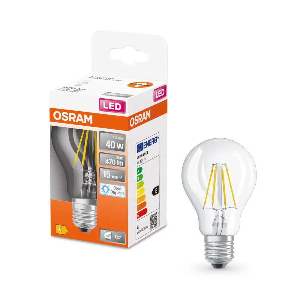 Průhledná LED žárovka E27 4 W CLASSIC A, studená denní bílá