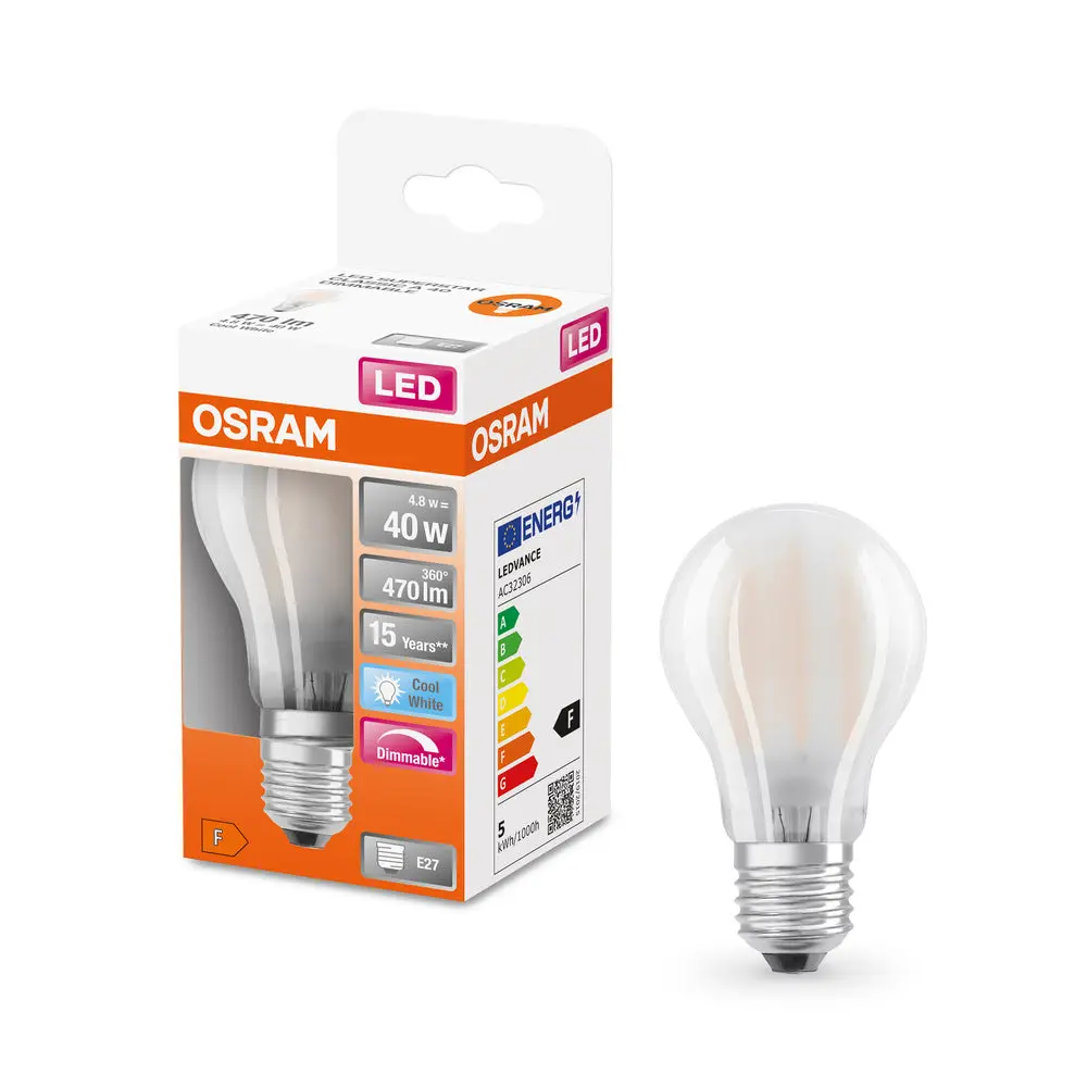 Matná stmívatelná LED žárovka E27 4,8 W CLASSIC A, studená bílá