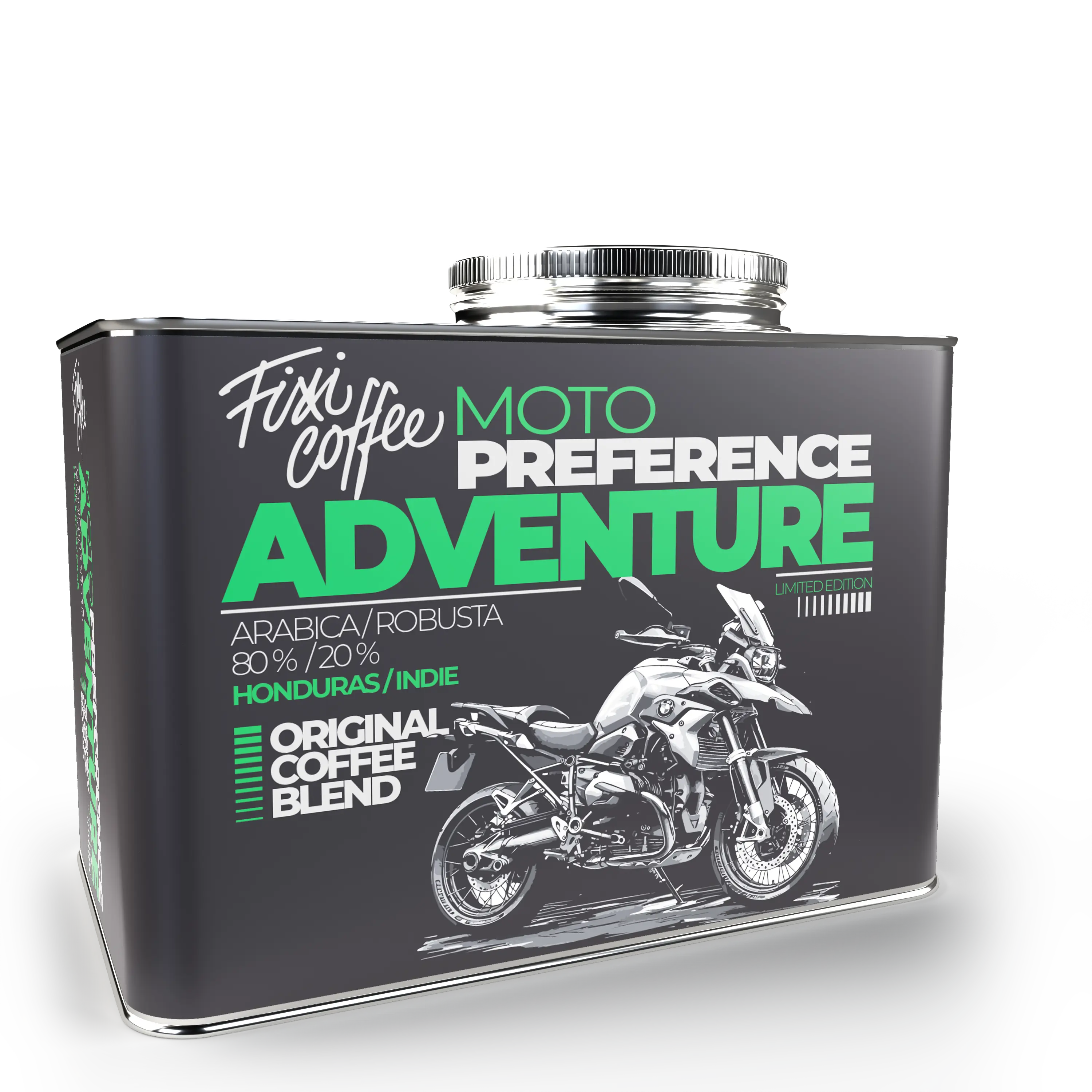 Fixi Coffee Motokafe – Adventure – káva pro motorkáře jemně mletá / stylový plechový kanystr / 500 g