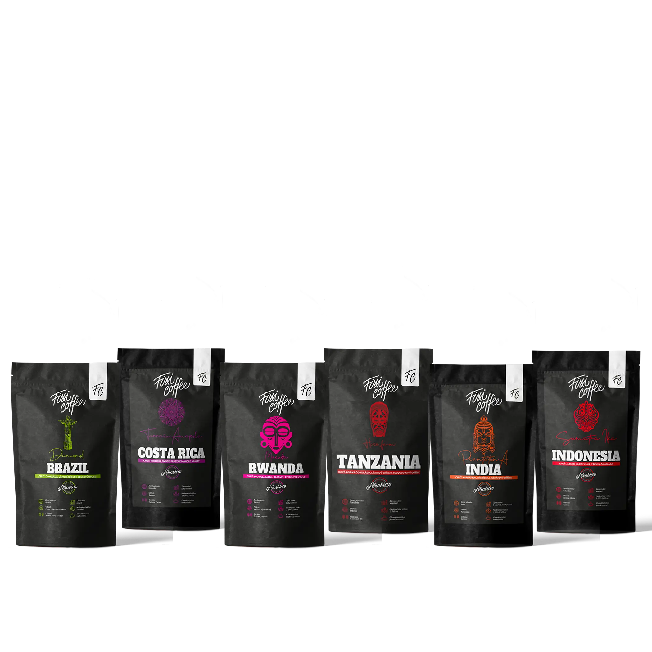 Fixi Coffee Around the World (6x100g) – degustační sada výběrové kávy zrnková / sáček Doypack / 6x100 g