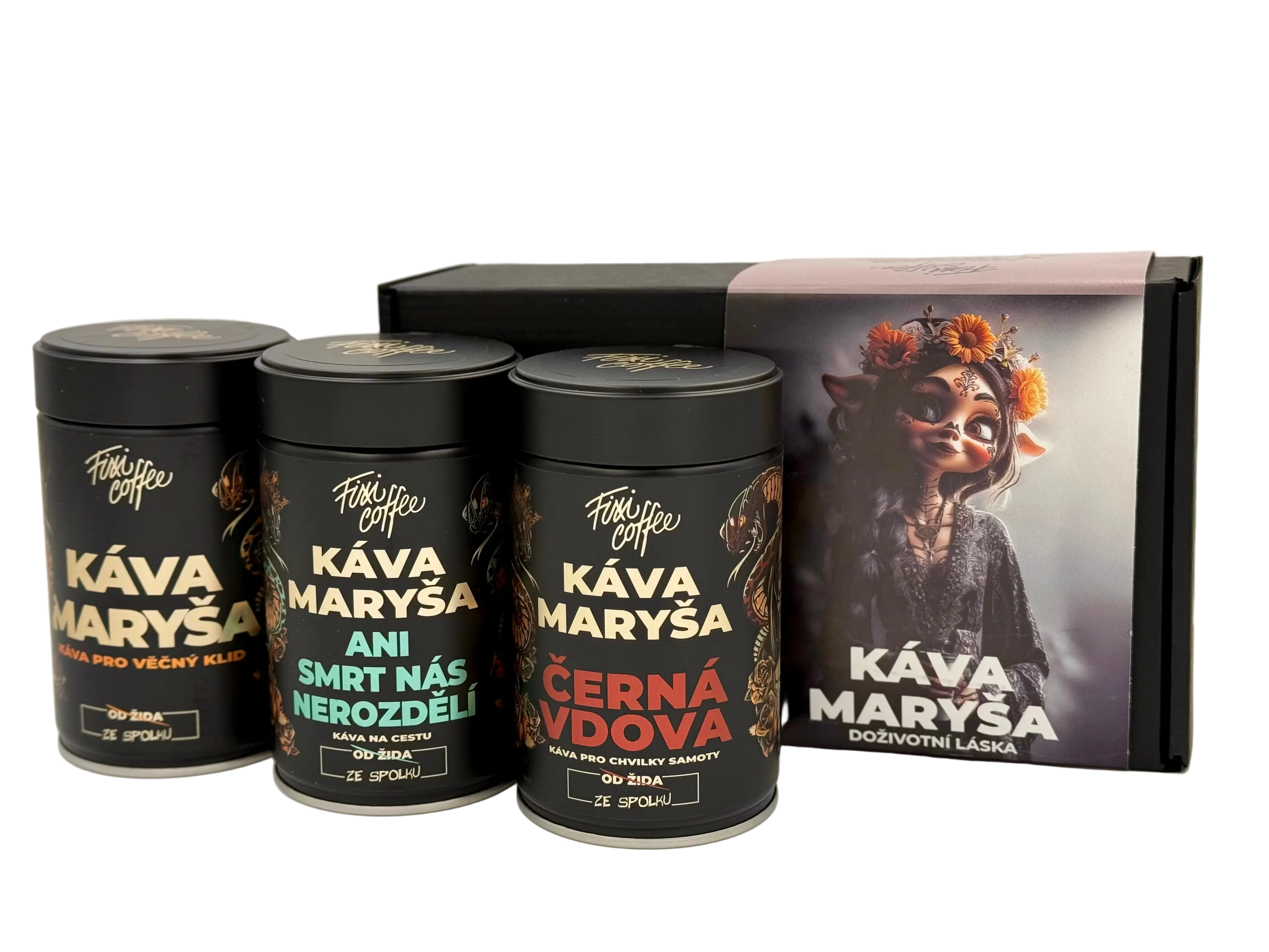 Fixi Coffee Maryša – V trojce a podruhé (3x150g) – degustační sada výběrové kávy jemně mletá / plechovka / 3x150 g