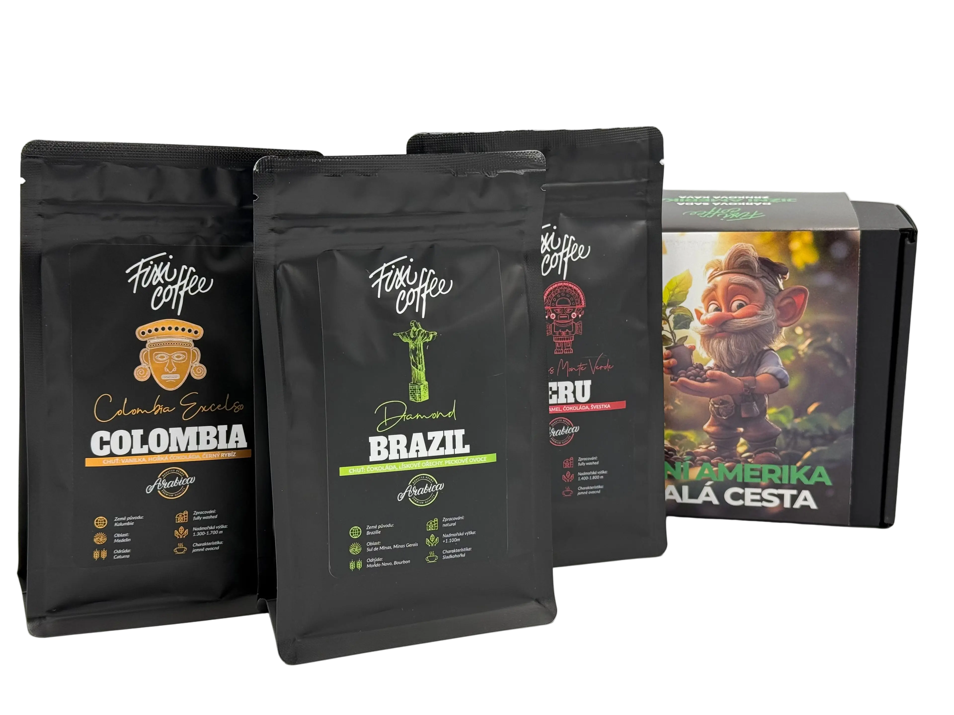 Fixi Coffee – Jižní Amerika – Malá cesta – dárkové balení kávy zrnková / sáček Doypack / 3x100 g