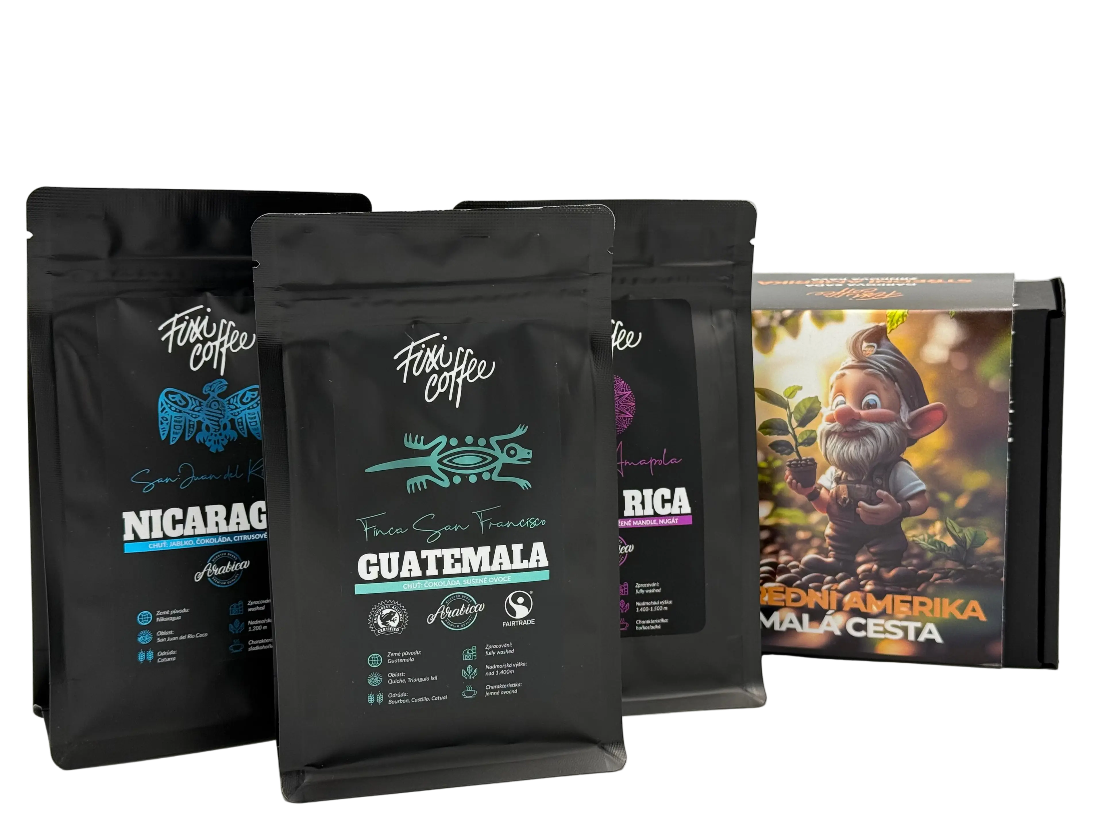 Fixi Coffee Střední Amerika – Malá cesta (3x100g) – dárkové balení kávy zrnková / sáček Doypack / 3x100 g