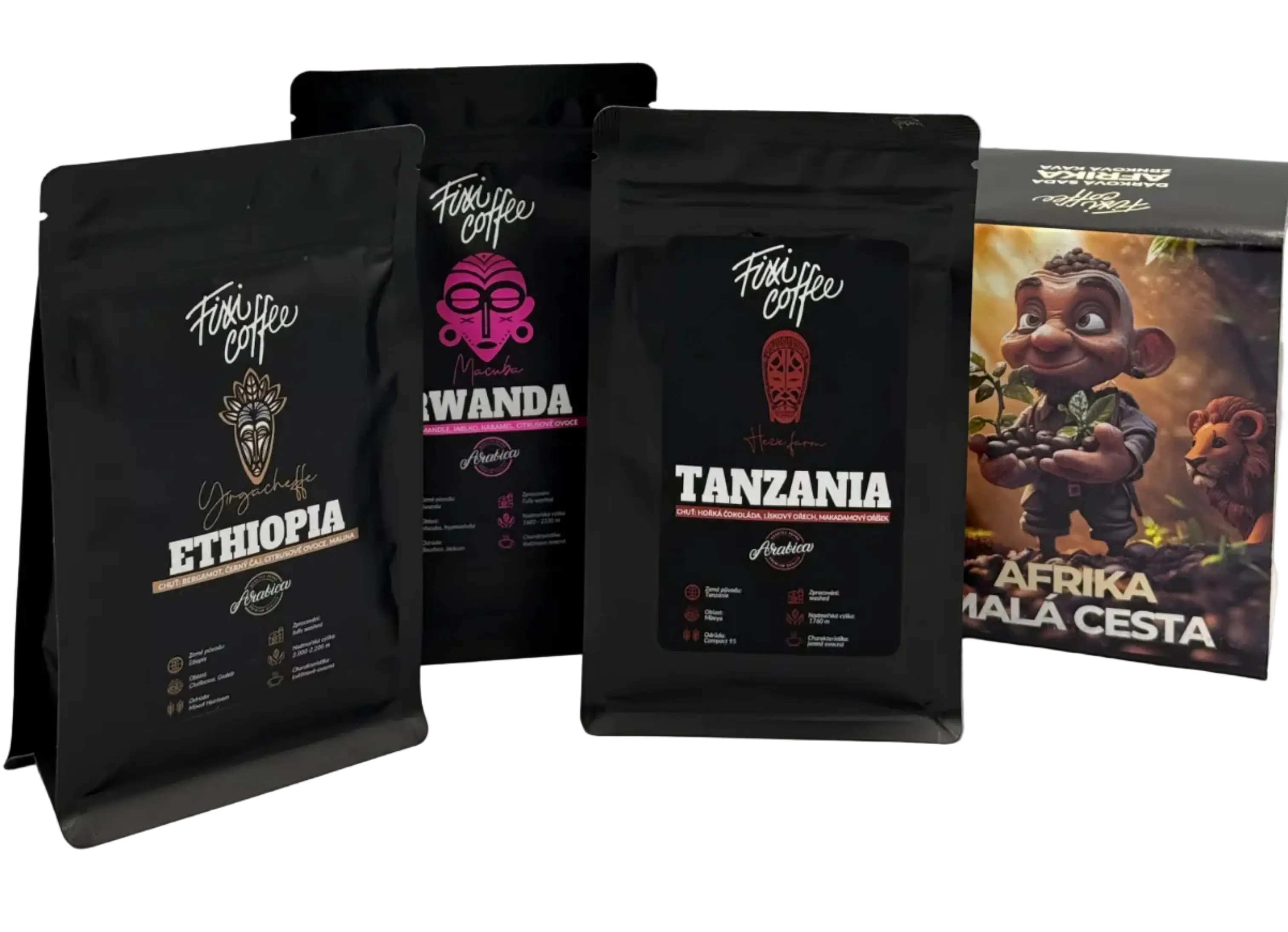 Fixi Coffee degustační kávový set Afrika – Malá cesta (3x100 g) zrnková / sáček Doypack / 3x100 g