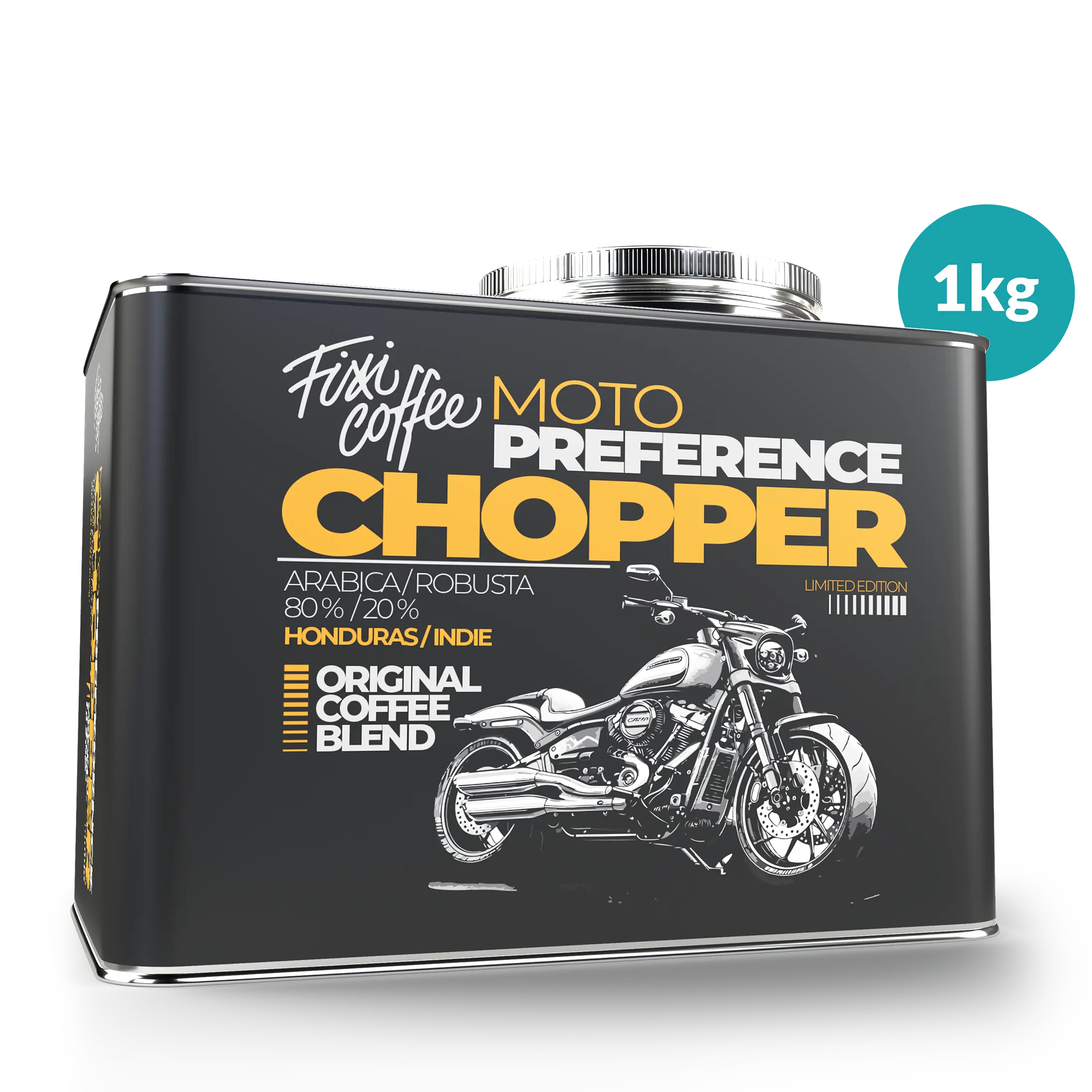 Fixi Coffee Motokafe – Chopper – výběrová káva zrnková / stylový plechový kanystr / 1 kg