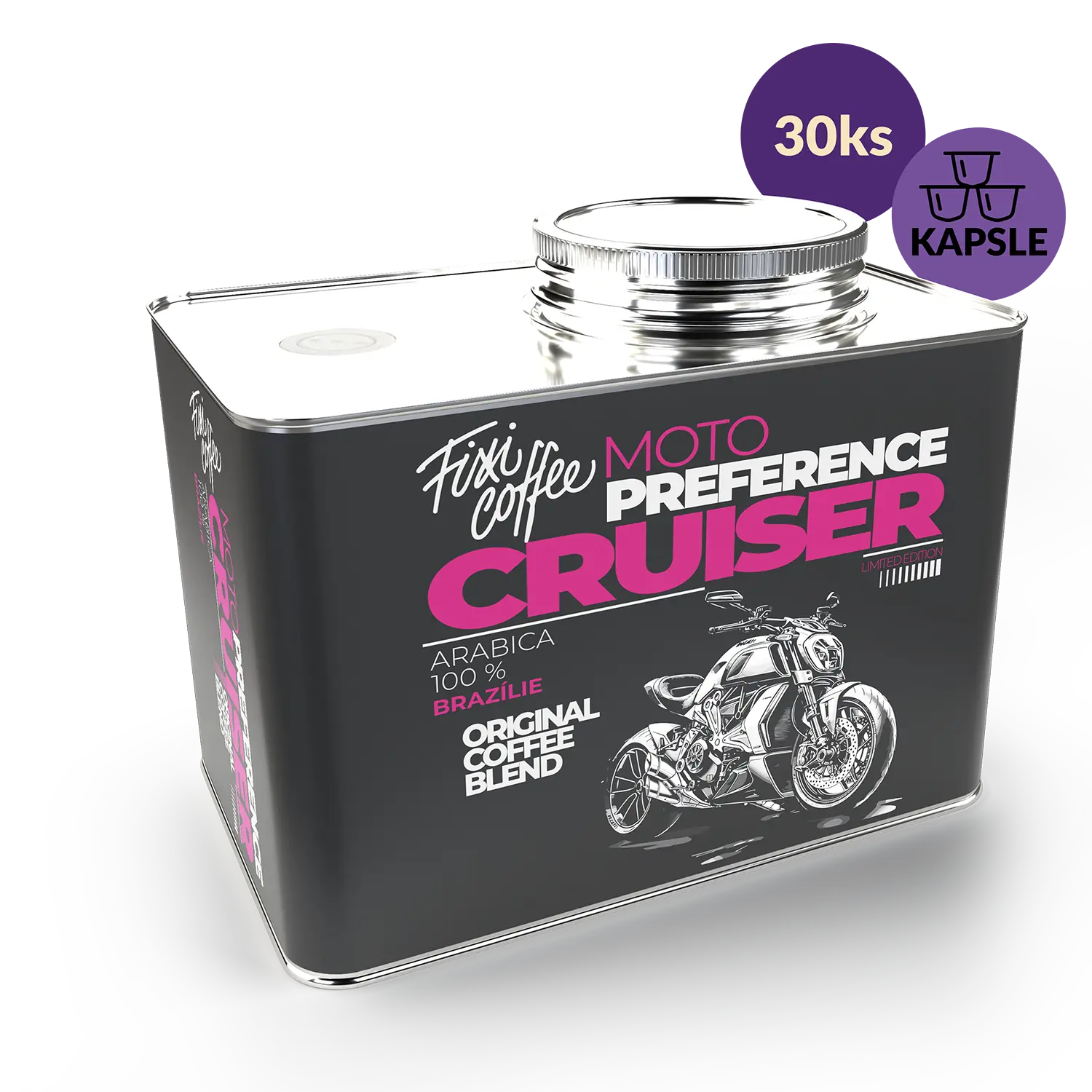 Fixi Coffee Motokafe – Cruiser – dárkové balení kávy kapsle / stylový plechový kanystr / 30 ks