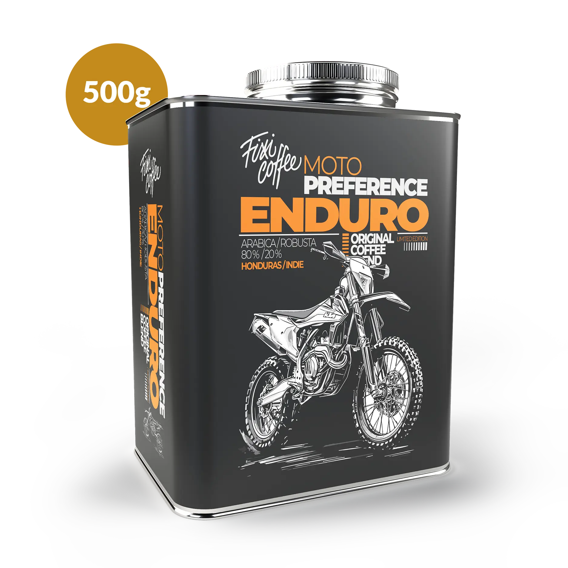Fixi Coffee Motokafe – Enduro – dárková káva jemně mletá / stylový plechový kanystr / 500 g