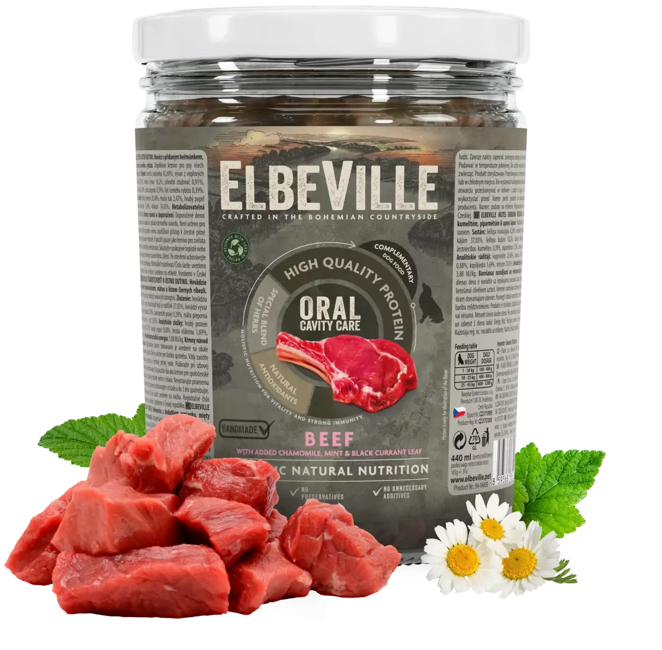 Sklenice Elbeville Dog Oral Cavity Care, hovězí s přidaným heřmánkem, mátou 440ml