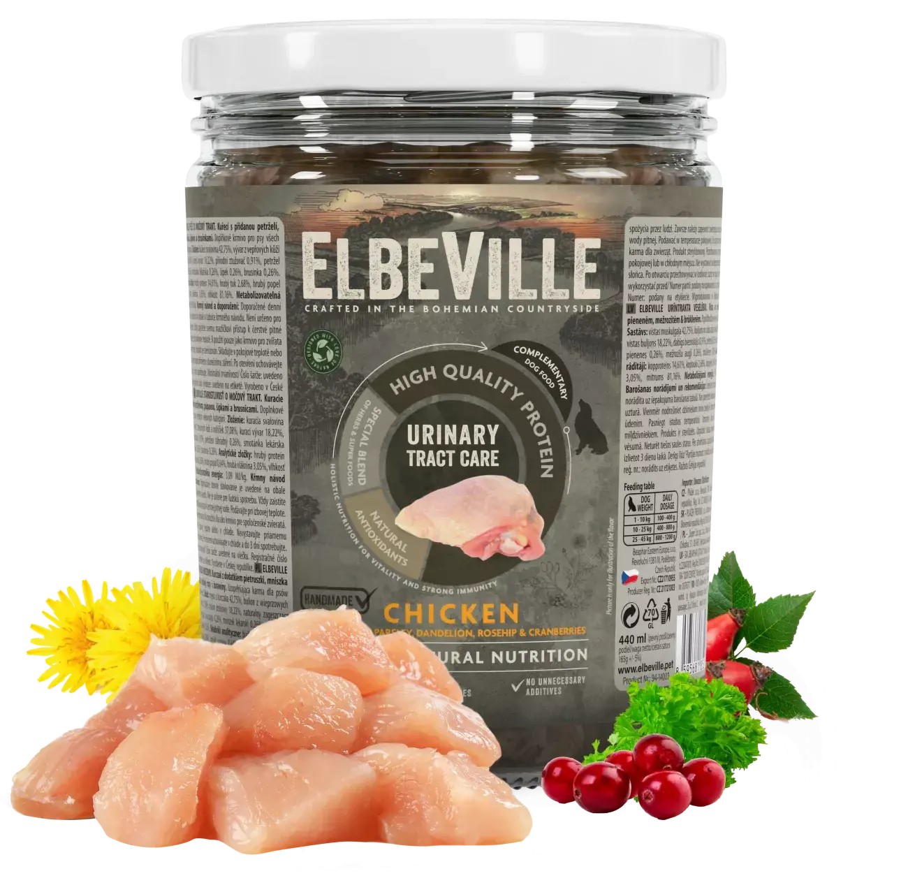 Sklenice Elbeville Dog Urinary Tract Care, kuřecí s přidanou petrželí, pampeliškou, šípkem 440ml