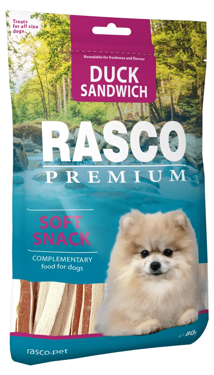 Pochoutka RASCO Premium sendviče z kachního masa a treskou 80 g