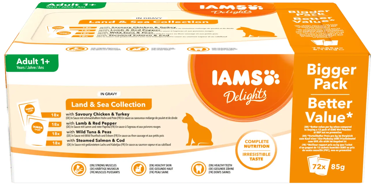 Kapsička Iams Delights mořské a suchozem. maso v omáčce multipack 72x85g