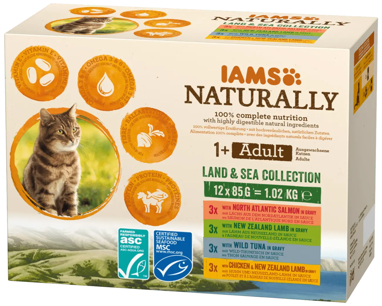 Kapsička IAMS Naturally mořské a suchozemské maso v omáčce multipack 12x85g