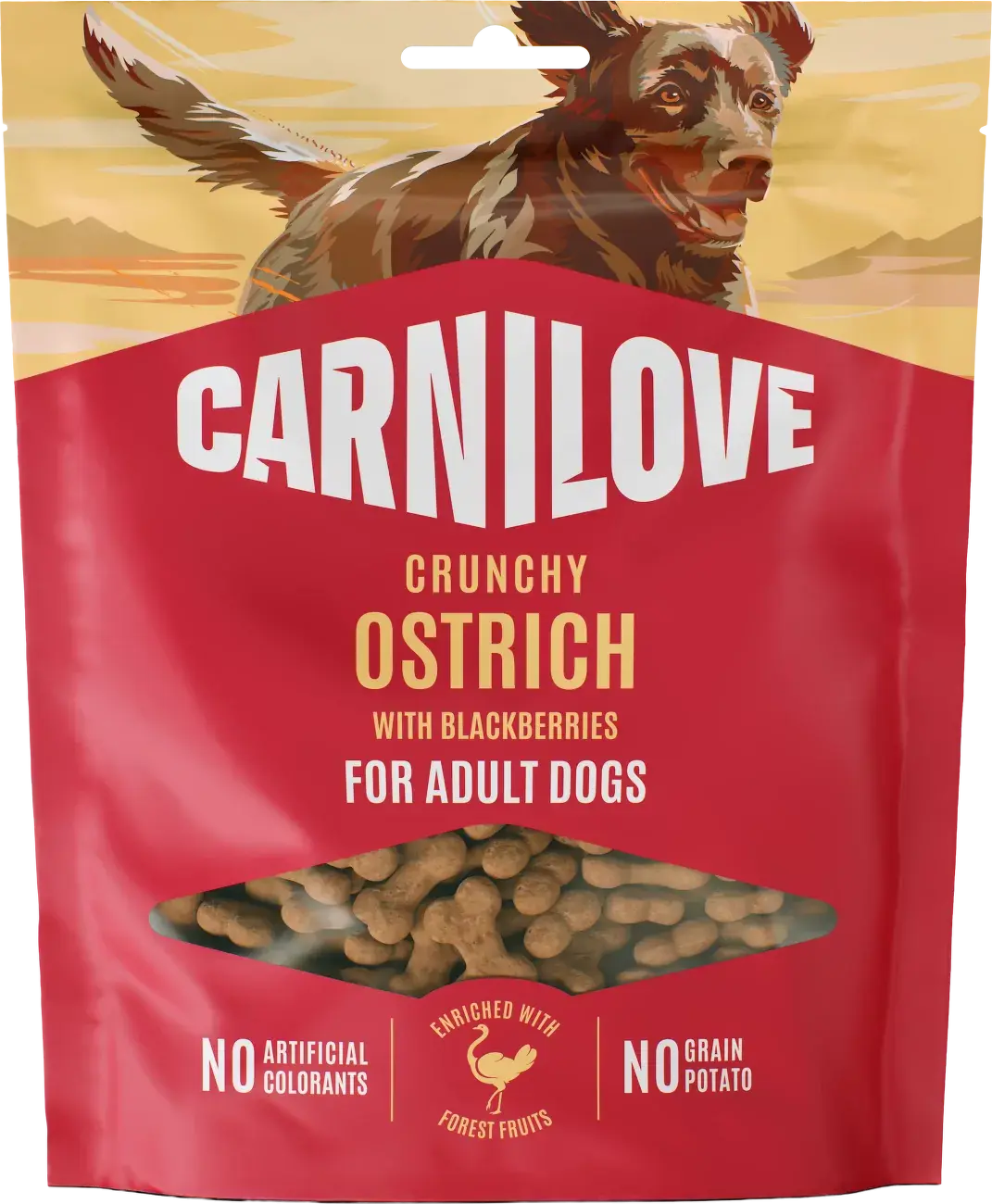 Pamlsek CARNILOVE Crunchy pro dospělé psy pštros s ostružinami 200 g