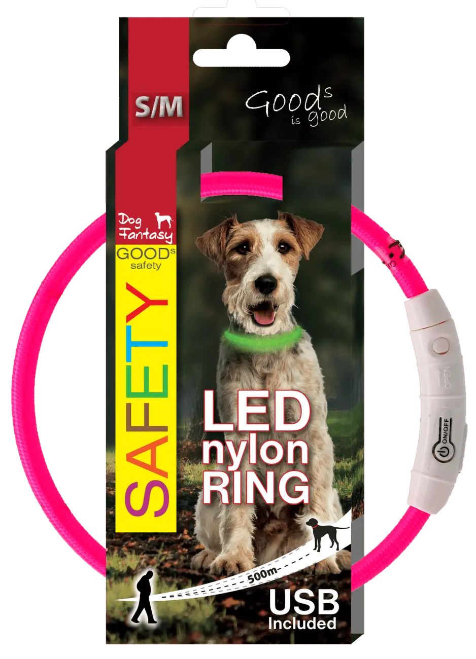 LED svítící obojek z nylonu růžový 45cm