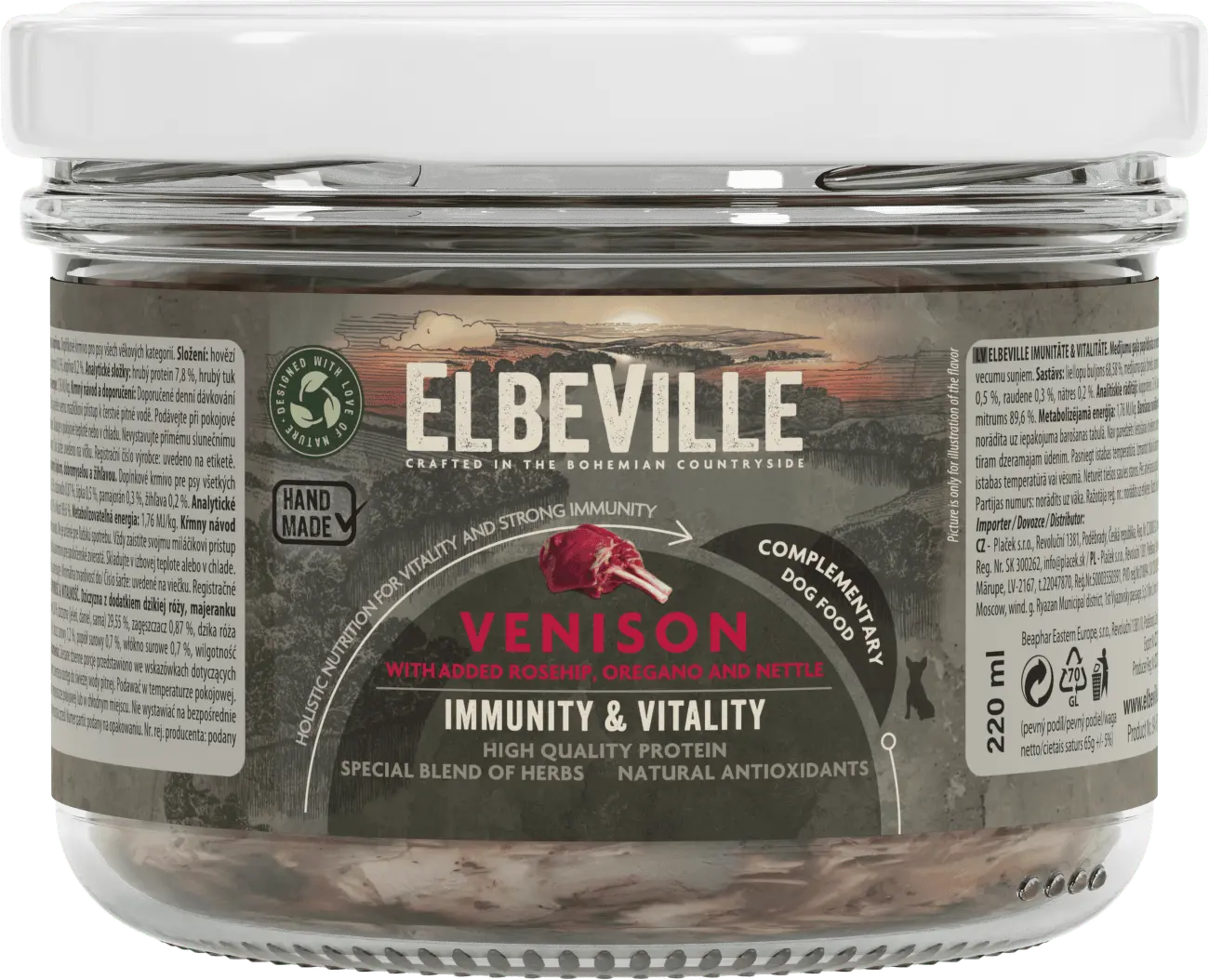 Sklenice Elbeville Dog Imunity & Vitality zvěřina s přidaným šípkem, dobromyslem a kopřivou, 220 ml