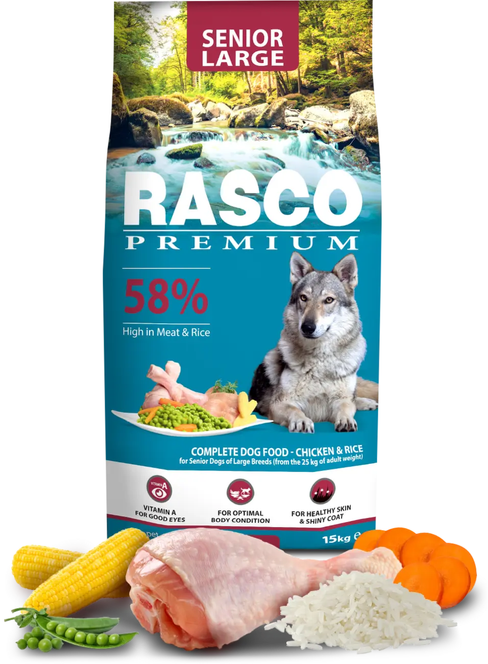 Krmivo Rasco Premium Senior Large kuře s rýží 15kg