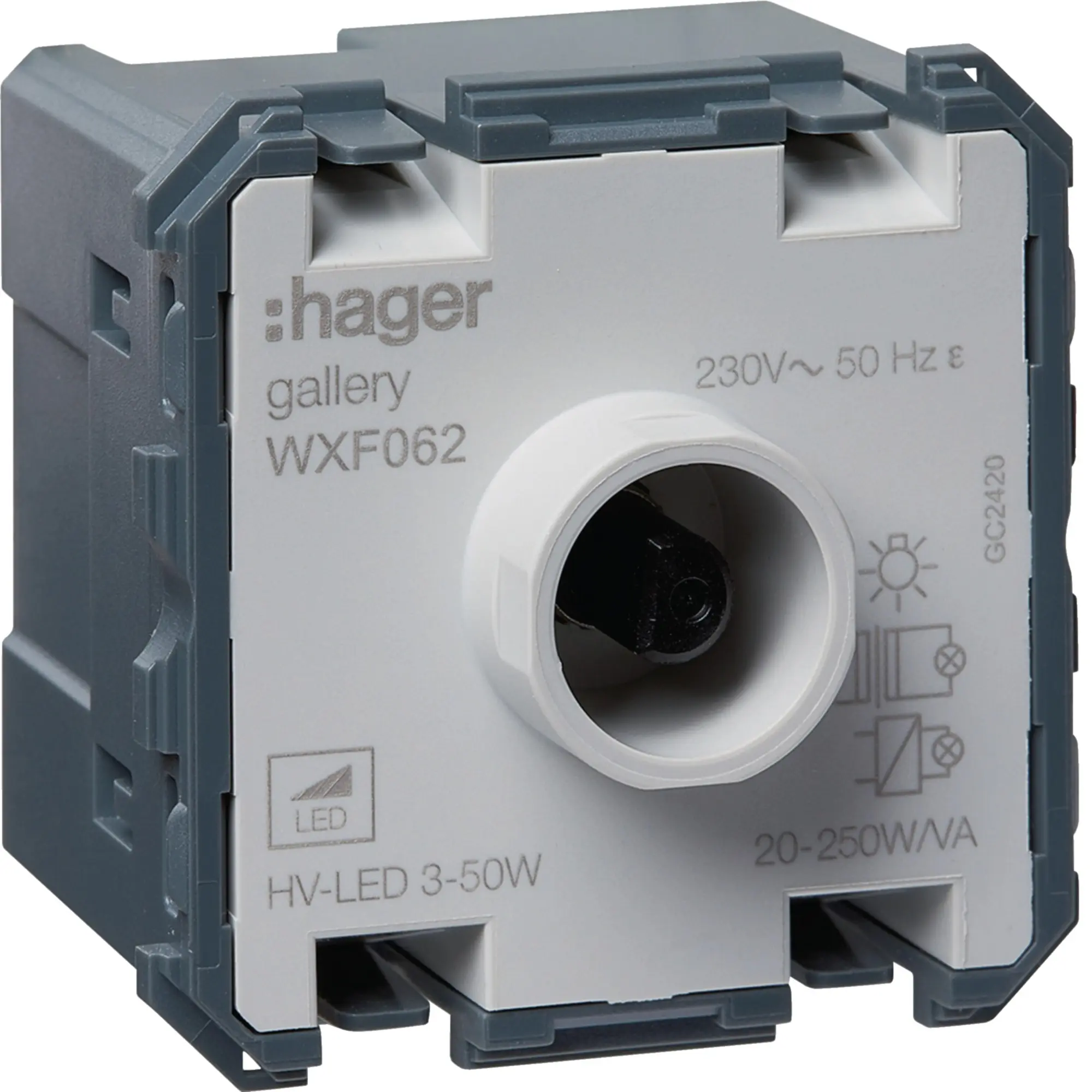 Přístroj stmívač otočný Hager 45×45 mm 20–250 W
