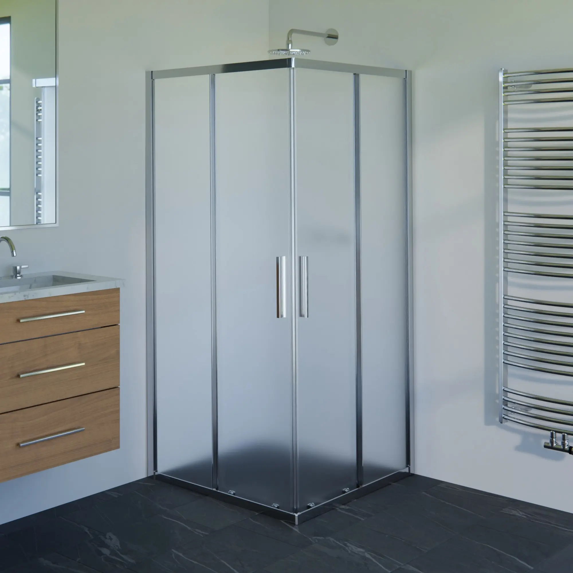 Kout sprchový WECCO SHINY 900×900 mm lesklý hliník/matné sklo