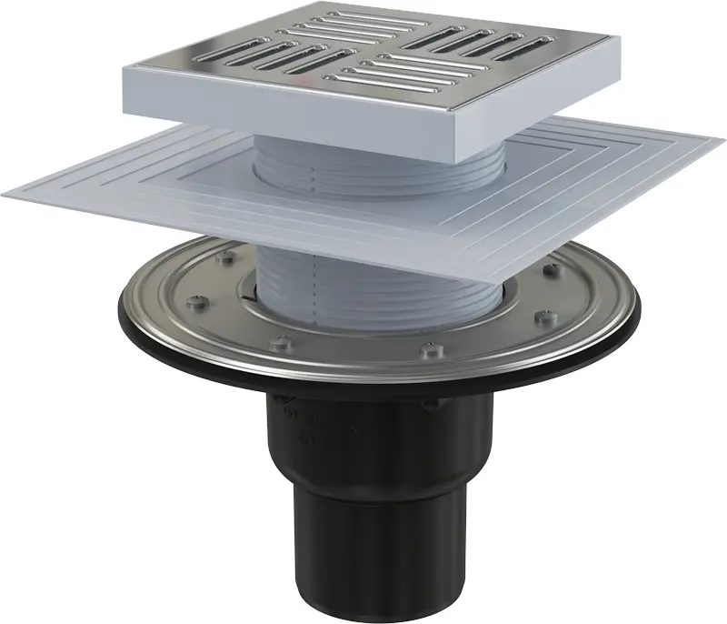 Alca - Podlahová vpust přímá 15x15 cm, průměr 5/8 cm, 2. úrovně izolace, nerez/plast APV4444