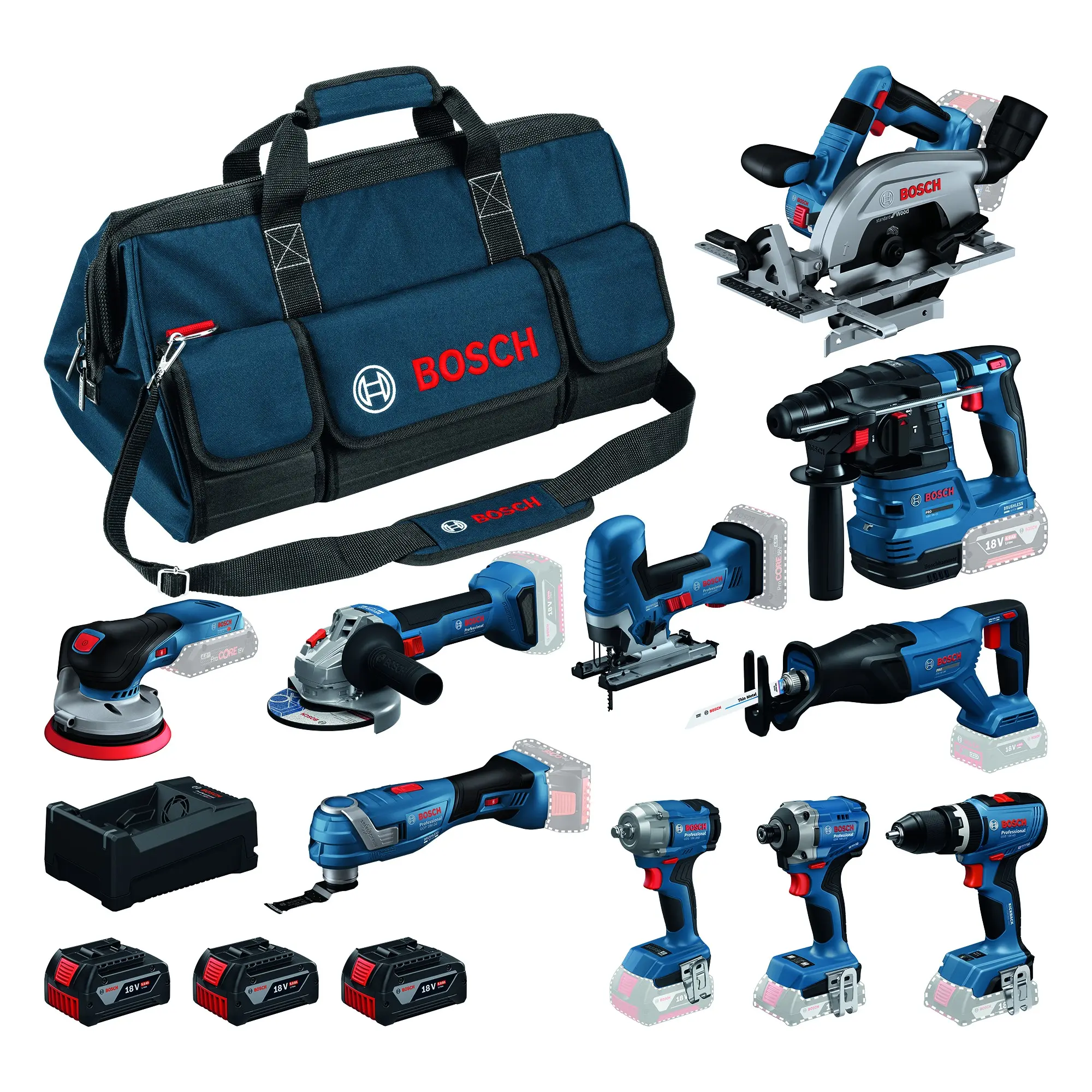 10dílná sada AKU nářadí Bosch 18 V 3× 5 Ah + L-BOXX Contractor set 3