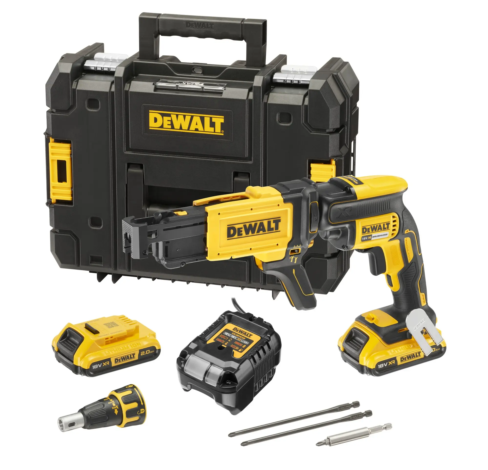 DeWALT - 18V AKU sádrokartonářský šroubovák s podavačem vrutů, 2x aku 2,0 Ah XR, nabíječka DCF620D2K