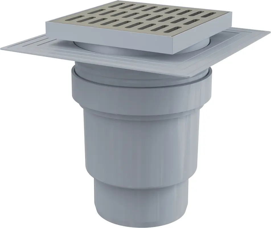 Alca - Podlahová vpust přímá 15x15 cm, průměr 11 cm, 2. úrovně izolace, vodní zápachová uzávěra, nerez/plast APV13