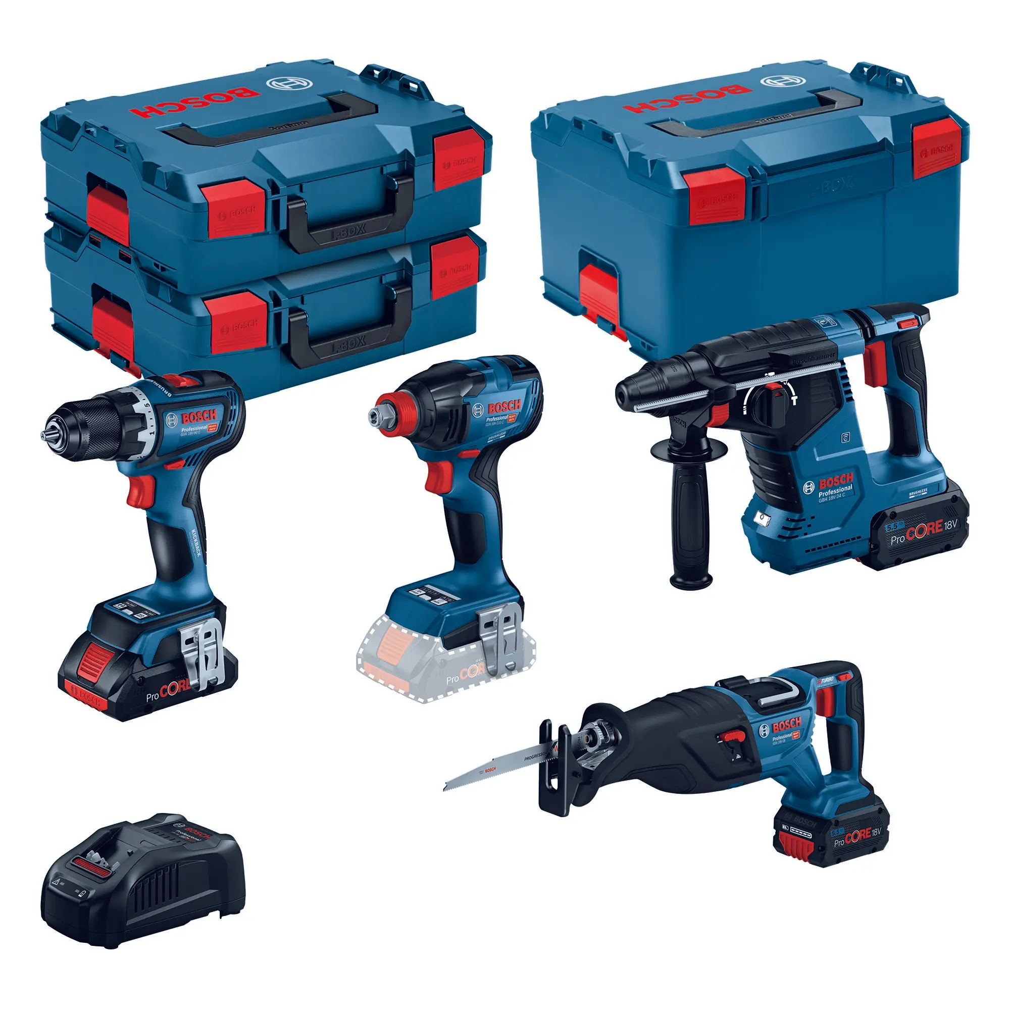 Sada AKU nářadí Bosch GSR + GDX + GBH + GSA 18 V 2× 5,5 Ah 1× 4 Ah