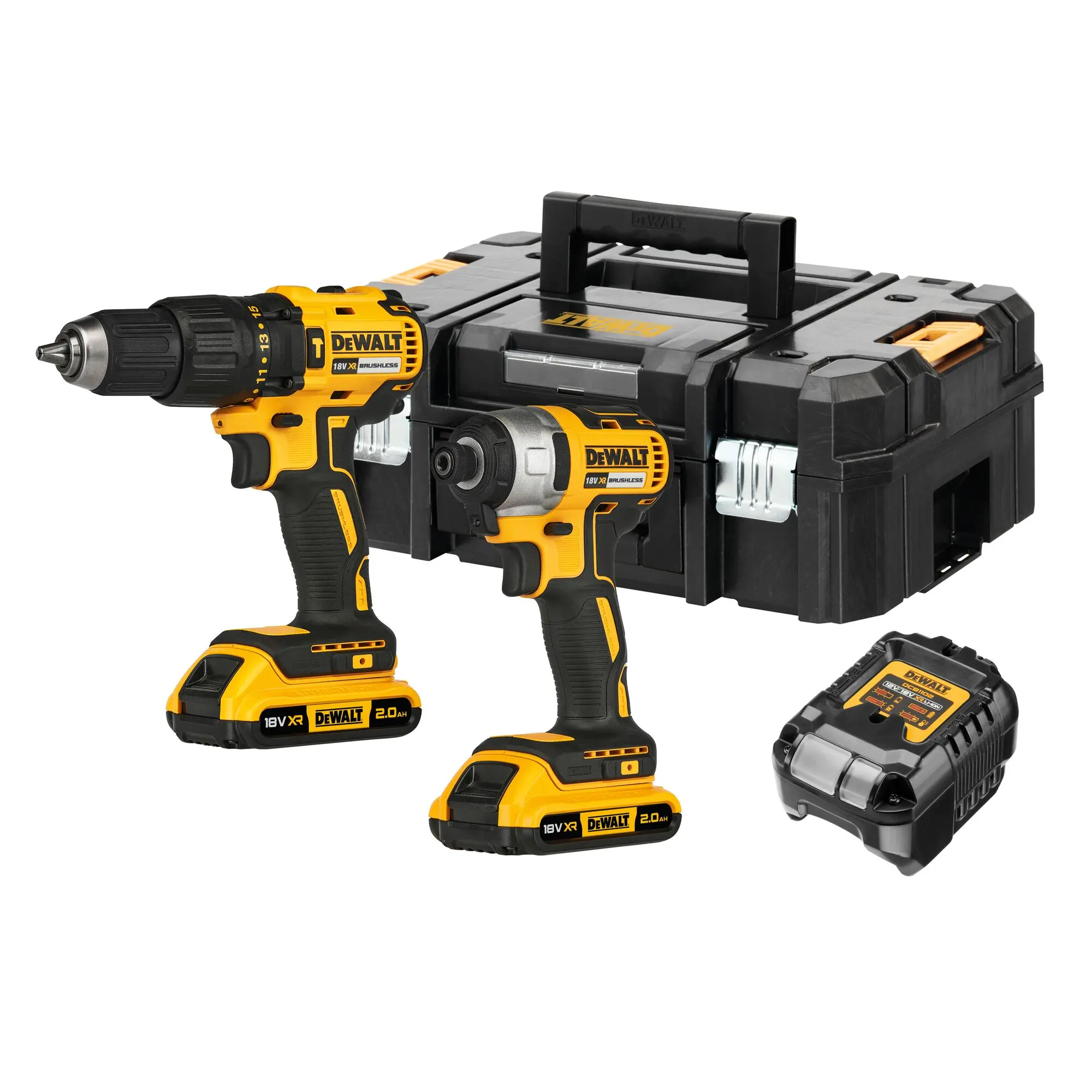 DeWALT - 18V AKU sada vrtacího šroubováku a rázového utahováku, 2x aku 2,0 Ah XR, nabíječka DCK2060D2T
