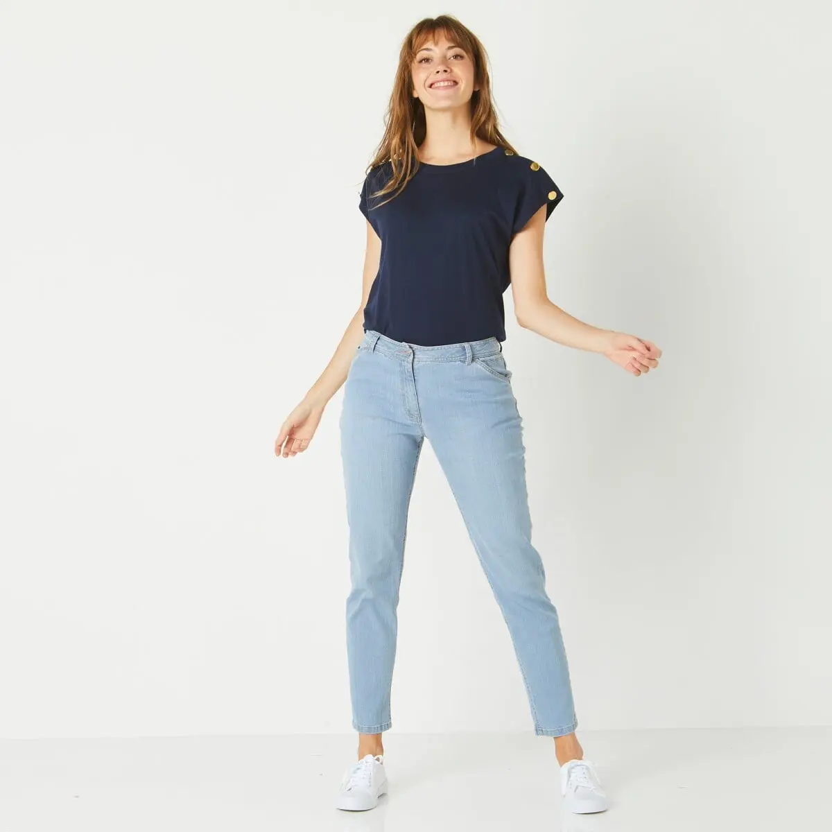 Džíny mom, strečový denim sepraná modrá