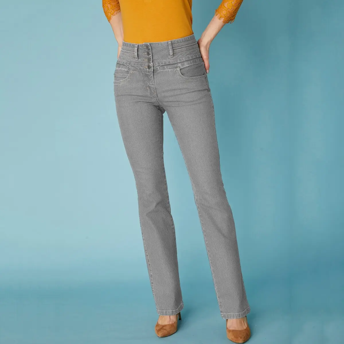 Bootcut džíny s vysokým pasem, pro vyšší postavu šedá