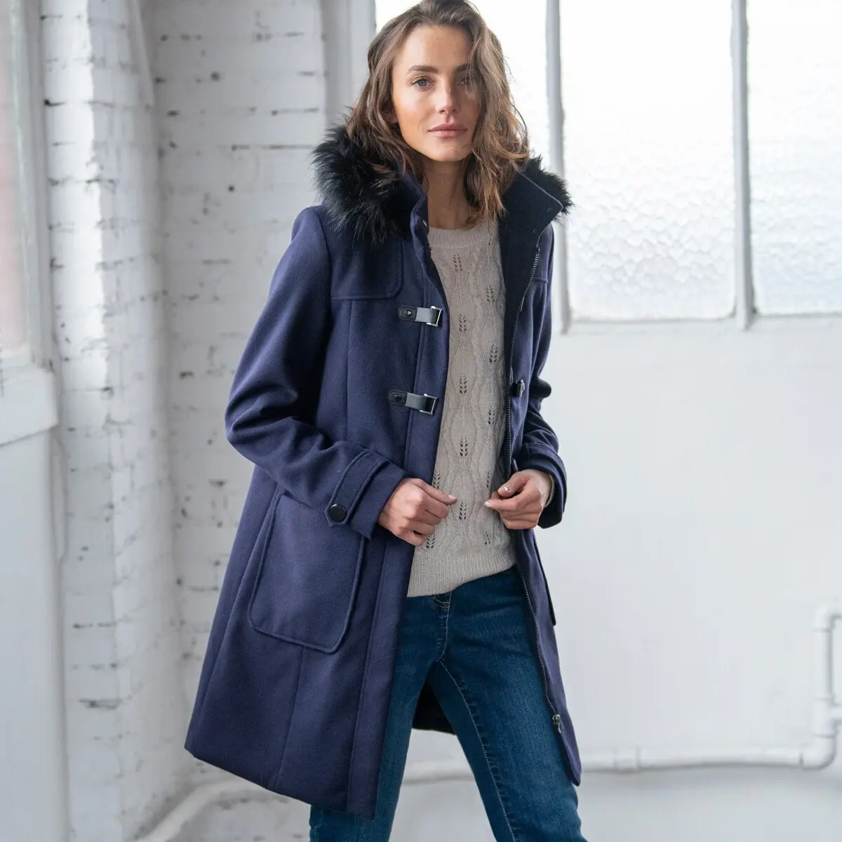 Jednobarevný kabát duffle-coat s kapucí, na zip nám. modrá