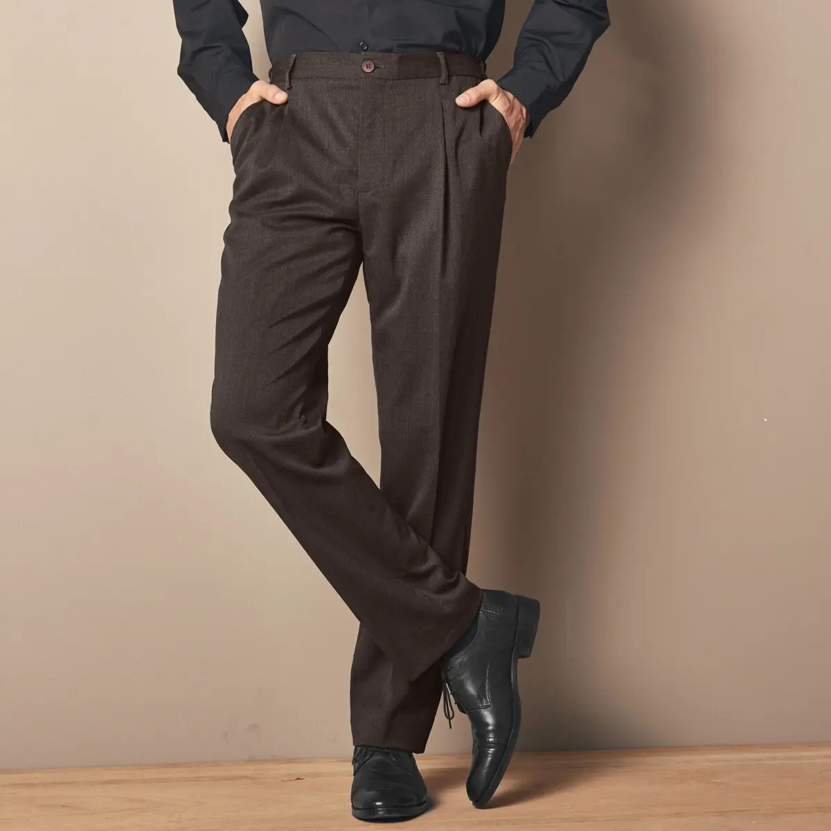 Kalhoty s pružným pasem, polyester/vlna oříšková