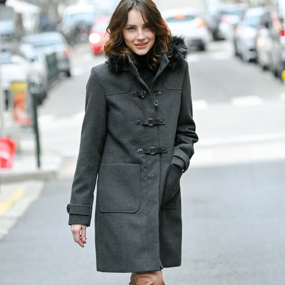 Jednobarevný kabát duffle-coat s kapucí, na zip antracitový melír