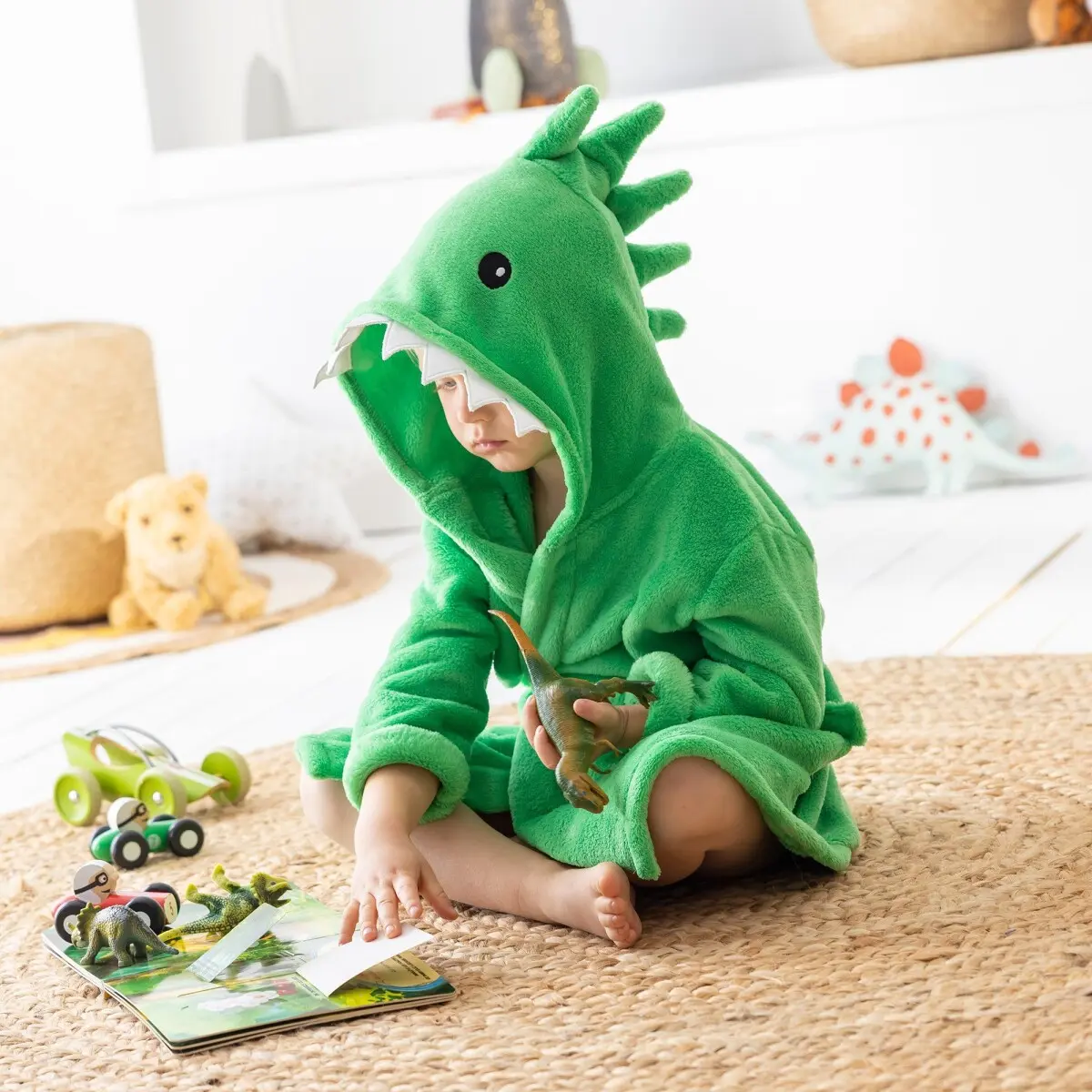 Dětský župan s motivem dinosaura na kapuci zelená