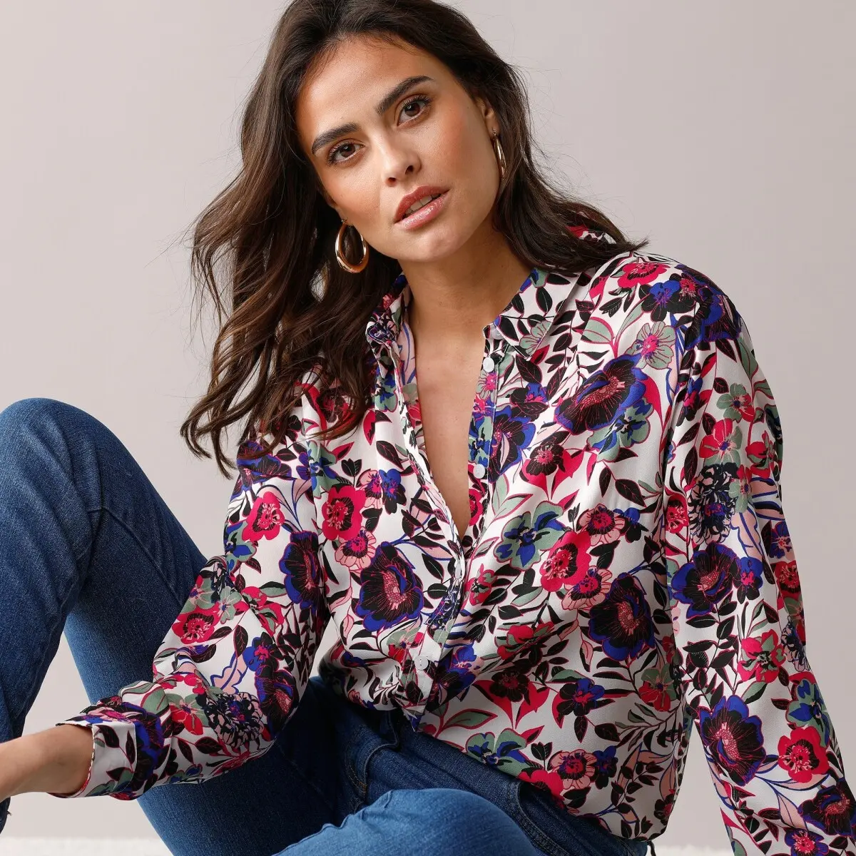 Košile na knoflíčky s potiskem květin, recyklovaný polyester režná/růžová