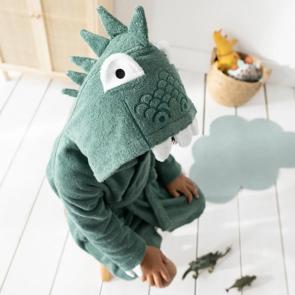 Dětský župan z buklé froté zn. Colombine®, s motivem dinosaura na kapuci