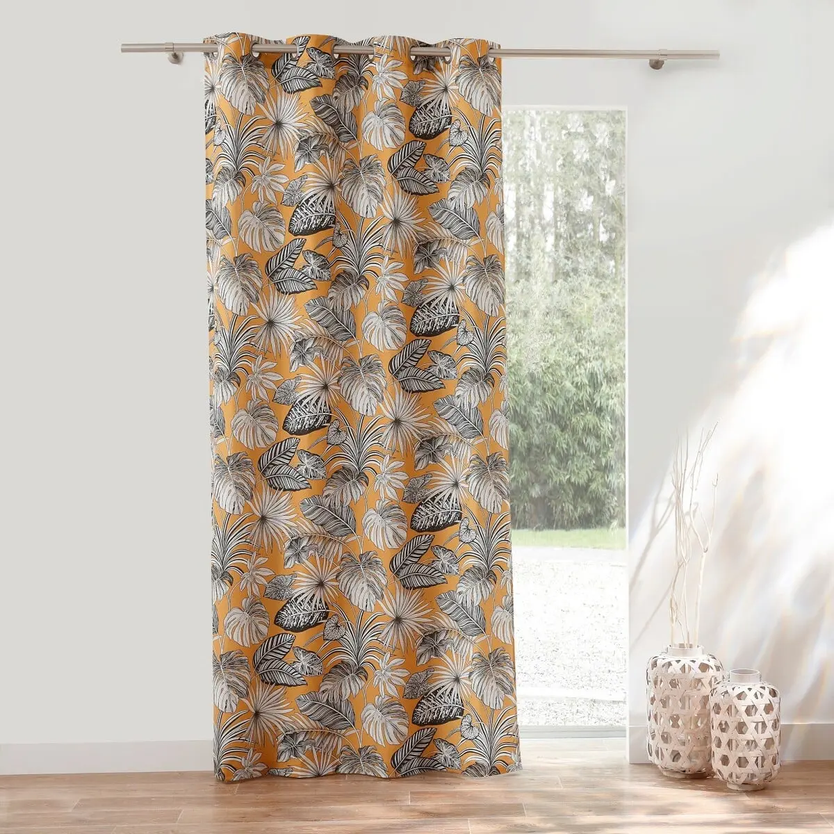 Zatemňovací závěs s tropickým vzorem, s kovovými očky žlutá 135x260 cm