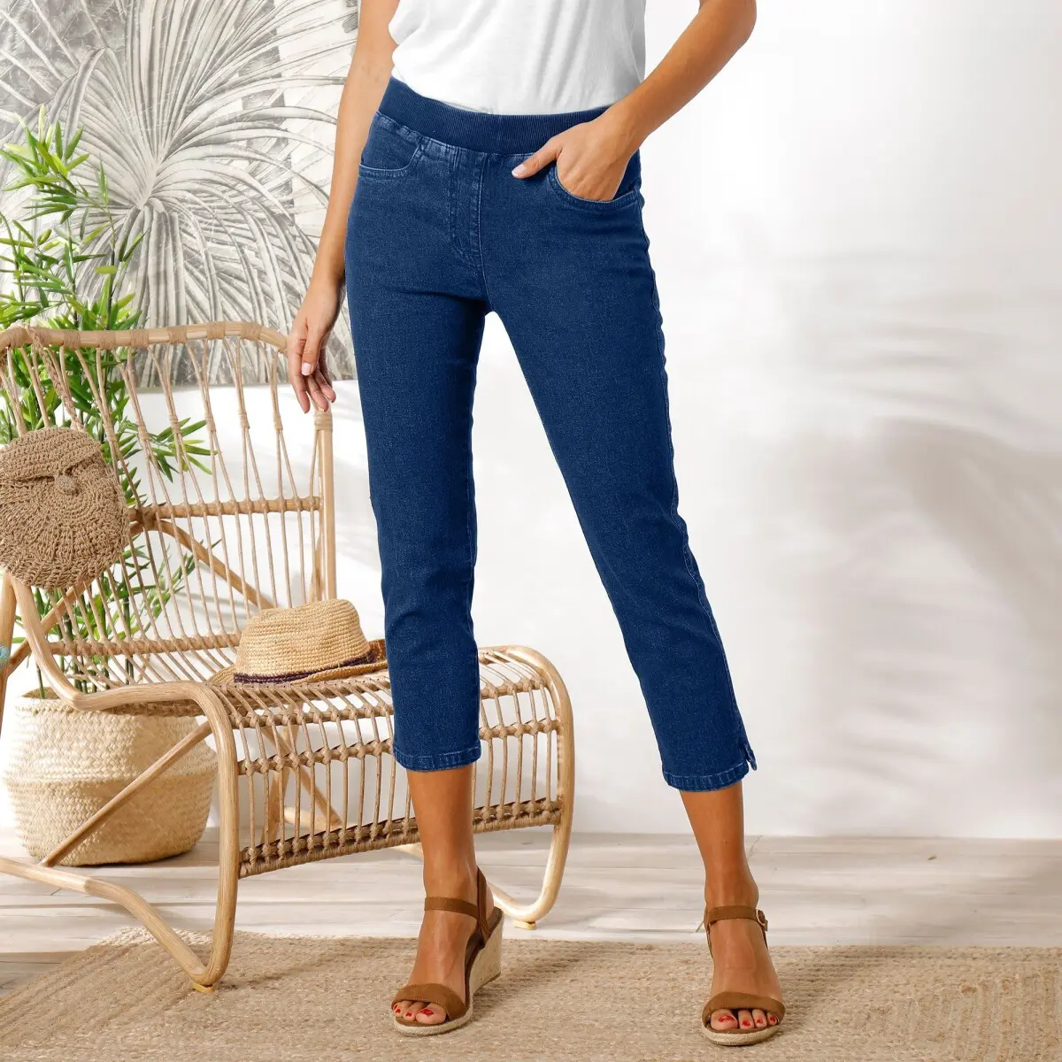 Pohodlné denimové 3/4 kalhoty s pružným pasem denim
