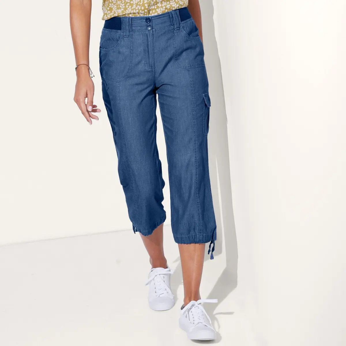 3/4 denimové kalhoty s pružným úpletovým pasem denim