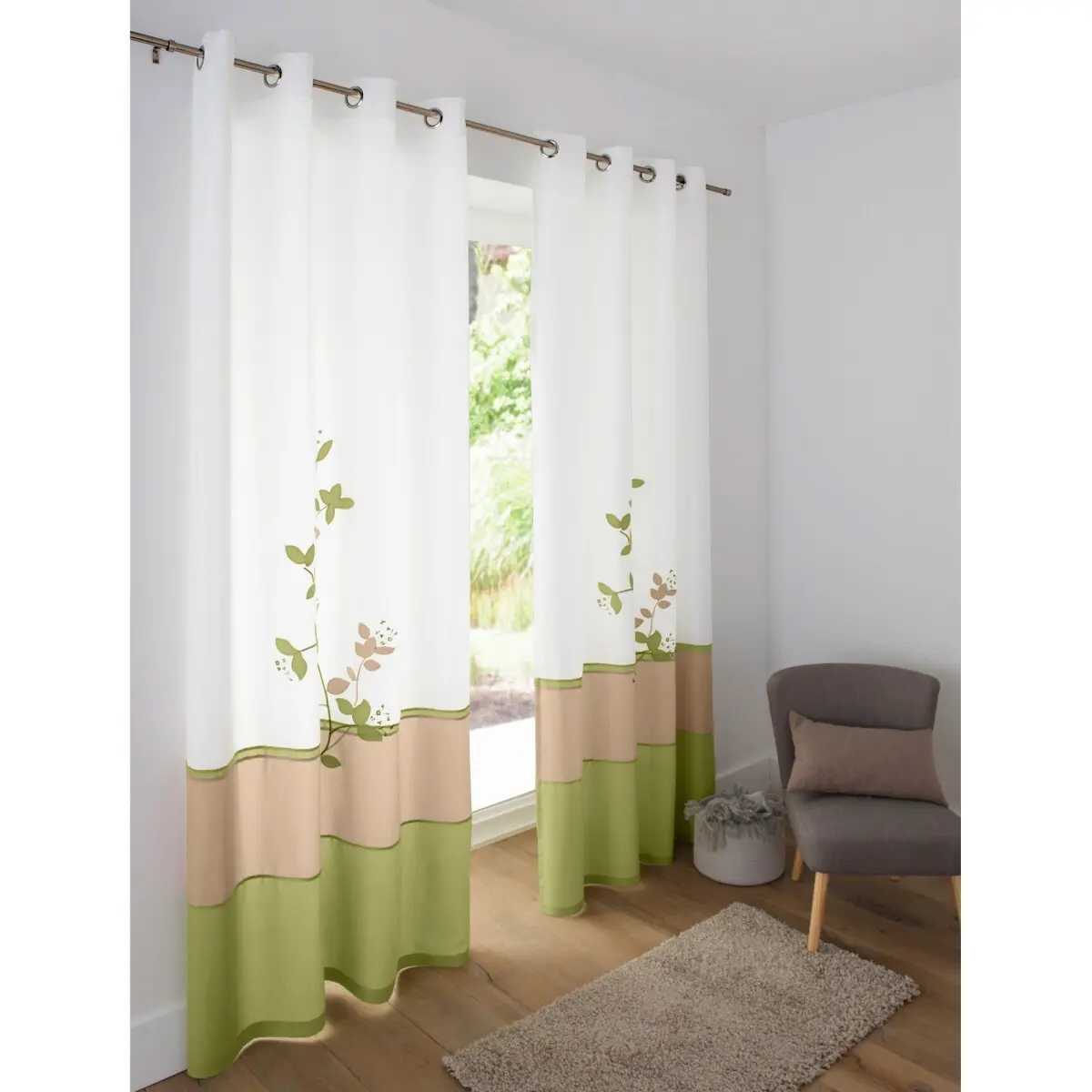 Voálová záclona s potiskem Orchidea, zakončení očky zelená 140x260 cm